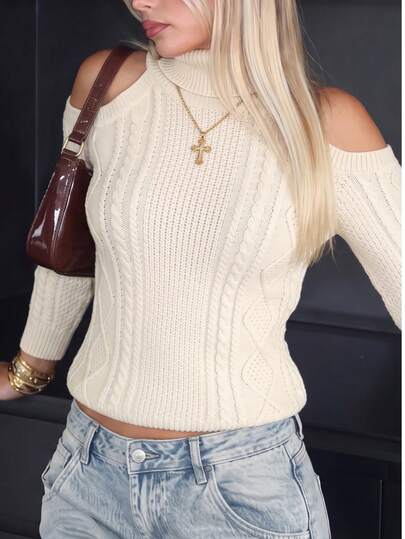Autumn/Winter Y2K Women's High Neck Off-Shoulder Cable Knit Sweater, Long Sleeve Pullover Knit Top, Essential Autumn/Winter Item