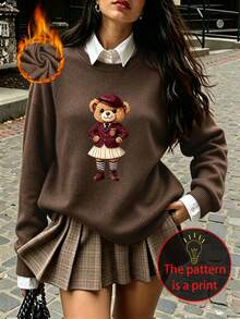 Women's Plus-Size Casual, Cute Faux-Knit Sweater Featuring A Preppy-Style Bear Graphic; Versatile And Perfect For Everyday Wear In Autumn And Winter. - Brown - View 1