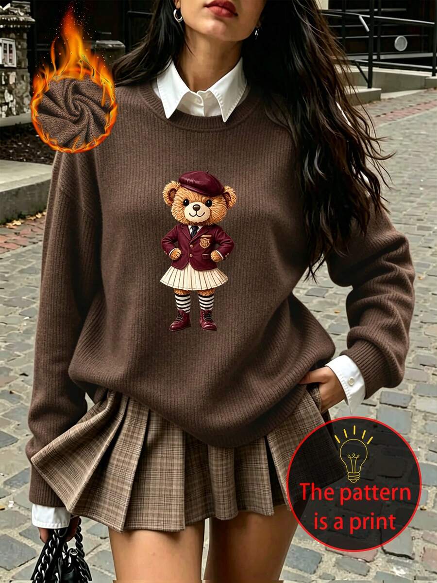 Women's Plus-Size Casual, Cute Faux-Knit Sweater Featuring A Preppy-Style Bear Graphic; Versatile And Perfect For Everyday Wear In Autumn And Winter. - Brown - View 1
