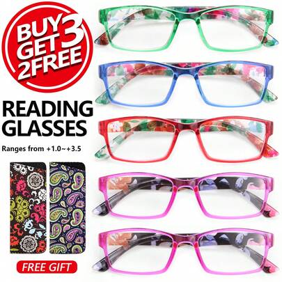 5pcs Colorful Reading Glasses Set, Dopamine Bright Floral Print, Minimalist Clear Rectangular Frame, Includes 2 Exquisite Fashion Glasses Protective Pouches, Affordable Combo Pack For Men And Women