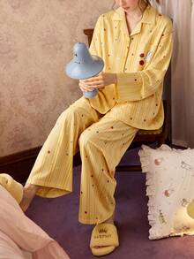 Gongdie 2pcs/Set Miffy Women's Pajama Set, Autumn Yellow Polka Dot Soft Cotton Loungewear With Pockets - Yellow - View 4