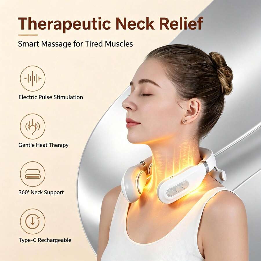 AXH 1pc Portable Electric Neck Massager, Smart Cervical Massage Device, Rechargeable Lithium Battery, Unscented, Ideal Gift For Family, Men And Women - Relieve Neck And Shoulder Pain - White - View 1