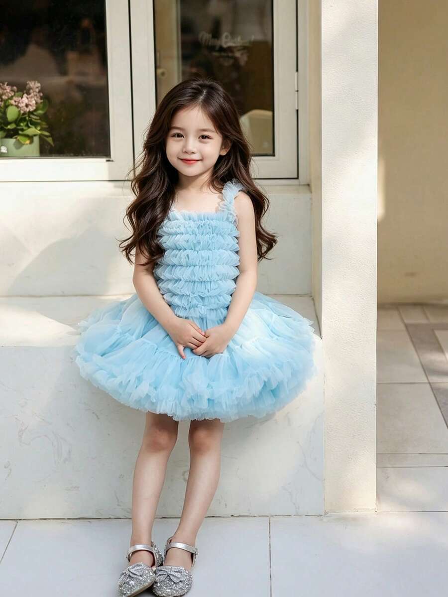 1件女童/嬰兒可愛甜美公主風優雅蕾絲細肩帶蓬蓬蛋糕網紗芭蕾舞裙,重工超蓬鬆派對禮服,生日、節日、慶典、四季皆宜 - 藍色 - 查看 1