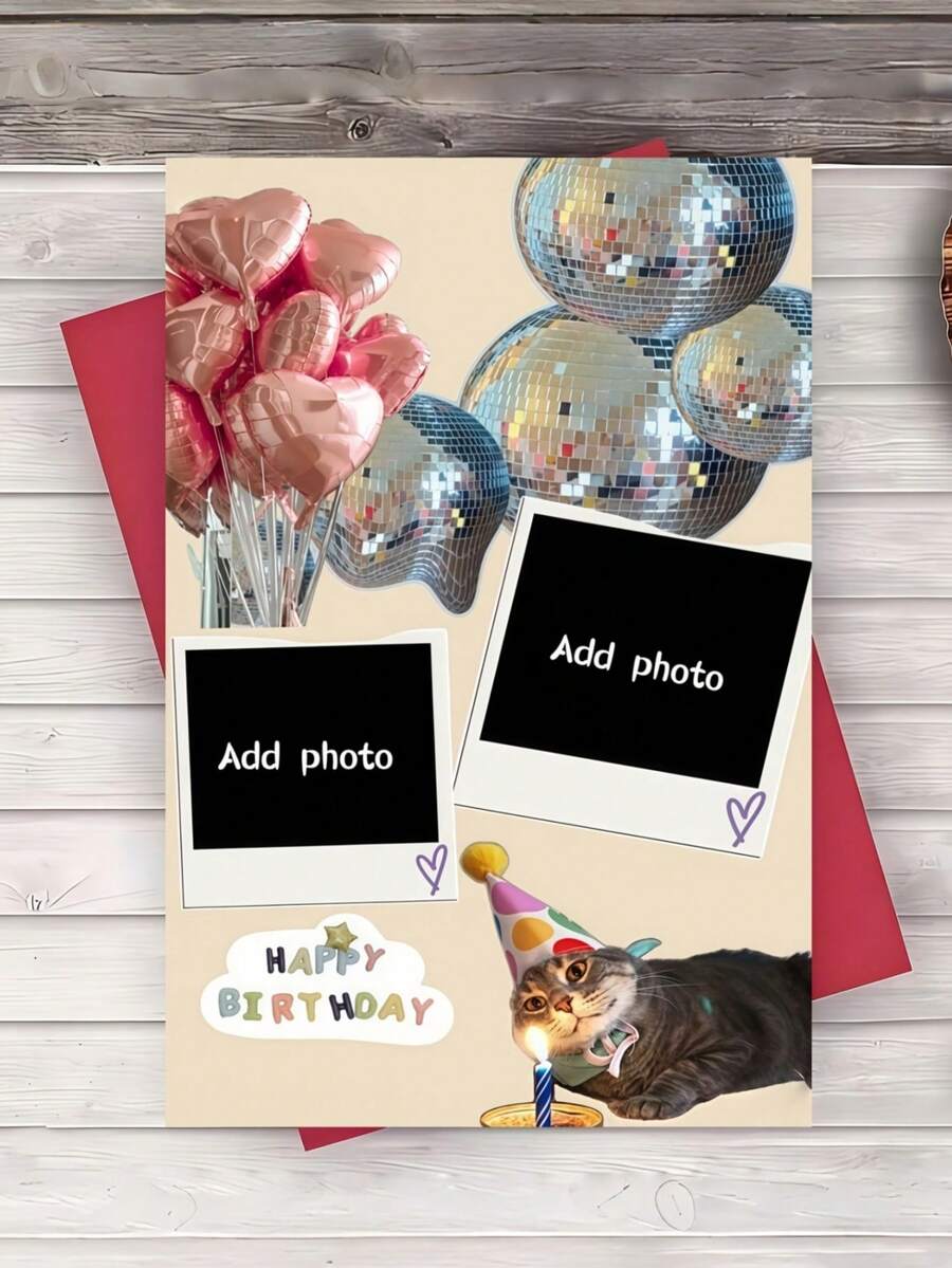 Customizable Photo Birthday Card, Cream Apricot Background, 2 Photo Slots, Pink Hearts, Balloons, Disco Ball, Party Hat, Cat, Colorful Letter Candles, Cute Humorous Birthday Celebration Card With Envelope - Multicolor - View 1