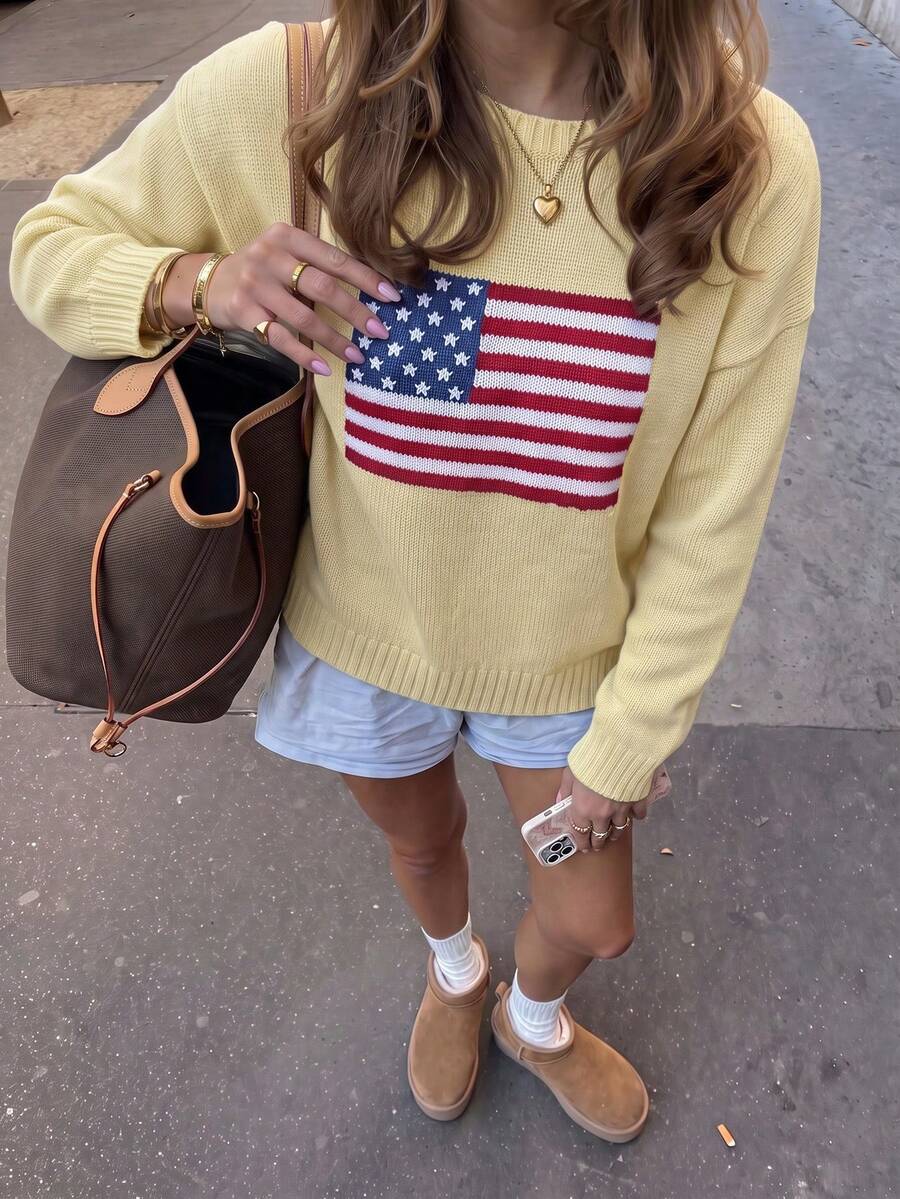 LUBI Women's Spring Autumn Winter American Flag Pattern Long Sleeve Pullover Sweater, American Vintage Knit Cardigan, Casual Daily Wear Fall - Light Yellow - View 1