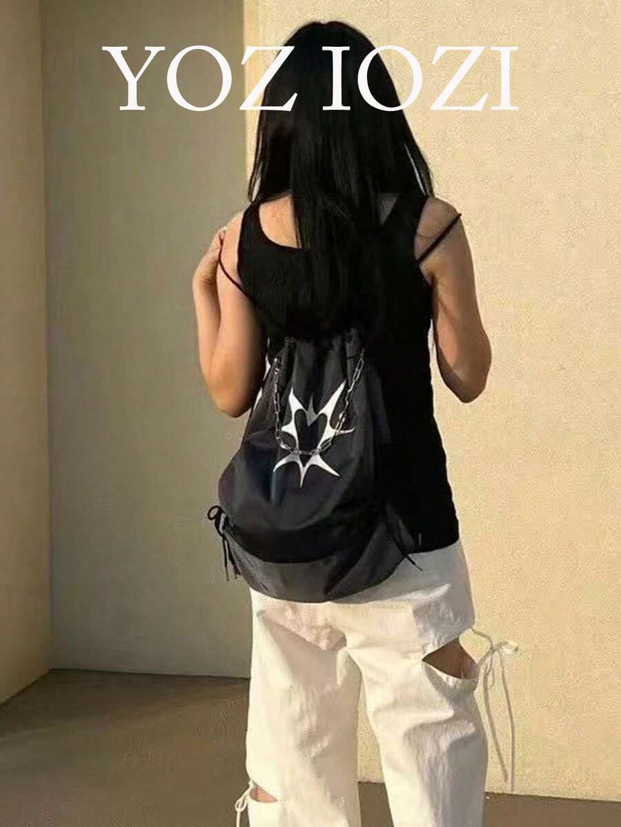 時尚蝴蝶結抽繩水桶後背包,大容量可折疊旅行包,適合女性大學生,戶外出遊 - 黑色 - 查看 1