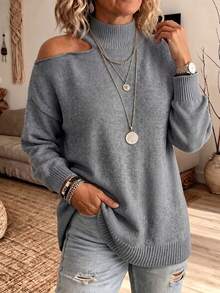Plus-Size Women's Plush Knit Turtleneck Pullover Sweater With Asymmetric Cold-Shoulder Dropped Shoulder Design, A Must-Have For Autumn And Winter - Grey - View 3