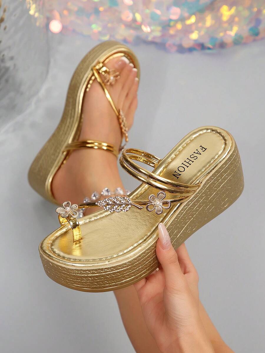 Women's Gold Metal Buckle Decor Wedge Platform Sandals, Waterproof Toe-Clip Flip Flops, Beach Holiday Daily Wear Height-Increasing Thong Slippers - Gold - View 1