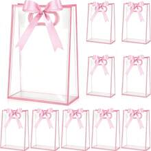 1/4/12pcs Transparent Gift Bags With Ribbons, Suitable For Baby Shower, Graduation, Wedding, Bridal Party, Birthday Party, Business Occasions, With Cut-Out Handles, Reusable PP Material, 7x10x3.15 Inches (Pink) - Pink - View 1