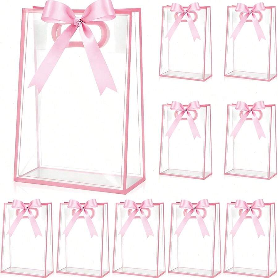 1/4/12pcs Transparent Gift Bags With Ribbons, Suitable For Baby Shower, Graduation, Wedding, Bridal Party, Birthday Party, Business Occasions, With Cut-Out Handles, Reusable PP Material, 7x10x3.15 Inches (Pink) - Pink - View 1