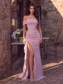 Women's Charming Off-Shoulder Long Pink Knit Dress, Ruched Bust Design, High Slit, Suitable For Prom And Formal Occasions - Pink - View 4