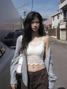 夏季返校季可愛性感極簡風蕾絲內墊胸罩背心，純色女款內著背心，適合冬季聖誕、春節、新年穿搭疊穿與打底 - 白色 - 查看 6