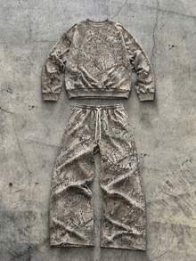 Krometka Men's Outdoor Tree Pattern Camouflage Set, Crew Neck Drop Shoulder Sweatshirt + Wide Leg Sweatpants 2 Pieces Set, Vintage All-Over Print Camouflage Casual Sports Outfit - Khaki - View 2