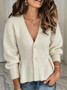 Just Masa Women's Fall Winter Casual Button Up Ruffle Hem Sweater Cardigan,Solid Color Bishop Sleeve V Neck Knitwear,For Date,Going Out,Commute,Party - Off White - View 8