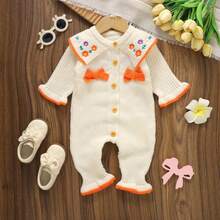 Infant Knitted Romper, Baby Girl Handmade Embroidered Floral Collar Romper, Bow Long Sleeve Ruffle Cuff Crawl Suit - Beige - View 5