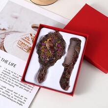 Exquisite Relief Antique Peacock Opening Screen Handheld Mirror & Portable Creative Comb Set, Gift Box With Greeting Card, Birthday Present, Random Gemstone Color, Back To School Gift, Halloween & Christmas Gift - E - View 3
