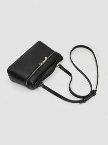1pc Solid Color Lychee Texture PU Square Shoulder Bag, Small Size, Suitable For Daily Fashion Matching, Minimalist Style - Black - View 3