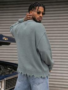 BLACKTOEXIT Men's Crew Neck Dropped Shoulder Retro High Street Frayed Hem Casual Sweater, Autumn/Winter - Grey - View 4