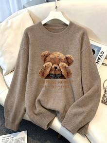 Plus Size Women Surprise Teddy Bear Pattern Casual Crew Neck Pullover Knit Sweater - Earth Gray - View 9