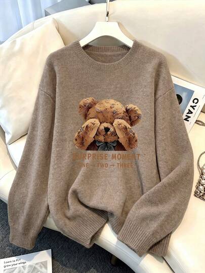 Plus Size Women Surprise Teddy Bear Pattern Casual Crew Neck Pullover Knit Sweater
