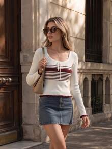 Aflion Women Fall Winter Cream Burgundy Striped Knit Sweater U Neck Drawstring Slim Fit Casual Back To School Campus Daily Class Going Out Top - White - View 3