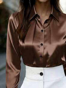 Women's Satin Long Sleeve Blouse, Lapel Collar, Smooth Glossy Solid Color Top, Suitable For Commute, Office, Daily Wear - Brown - View 4