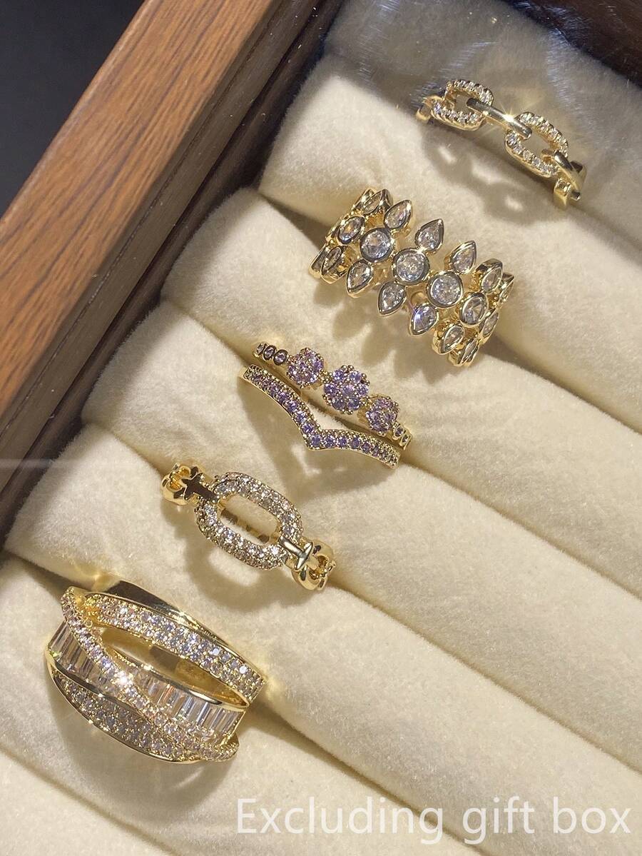 Set Of 5 Romantic Cubic Zirconia Rings, Women's Wedding Anniversary Gift (Gift Box Not Included) - 1# - View 1