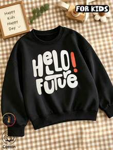 كنزة رياضية بياقة دائرية للبنات، كنزة رياضية بطبعة حروف جريئة "Hello Future" بأكمام طويلة، كنزة رياضية فضفاضة كاجوال للبنات المراهقات لفصل الخريف والشتاء - الأسود - مشاهدة 11