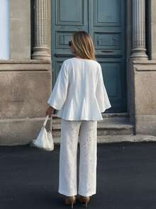 Women's White V-Neck Ruffle Top, Wrist-Length Sleeves, Semi-Sheer Woven Fabric, Fashionable Versatile, Suitable For Autumn Wear - White - View 6