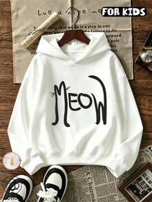 Girls' Hooded Sweatshirt, Cat Line Art Letter Print Long Sleeve Pullover Sweatshirt, Casual Loose Fit Autumn/Winter Style For Tween Girls - White - View 10