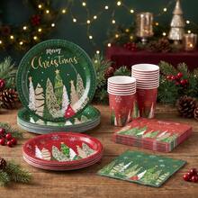 10/20/50/80 Pcs,Winter Holiday Merry Christmas Disposable Tableware Set,Red Green Christmas Tree Pattern 7 Inch & 9 Inch Paper Plates Napkins And 9oz Cups,Party Decor Supplies For Pre-Xmas Family Feast,Winter Solstice Dinner - Multicolor - View 2
