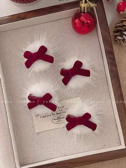 4pcs Christmas White Plush Ball Hair Clips, Burgundy Plush Bow Side Clips, Soft Atmosphere Plush Fringe Clips, Girls Holiday Photo Accessories, Cute Hair Clips For Girls, Vintage Red Plush Hair Clips, Exquisite Furry Edge Clips, Versatile Atmosphere Hair Accessories, Gift Or Self-Use, Christmas New Year Outfit Accents, Non-Damaging Hair Clips