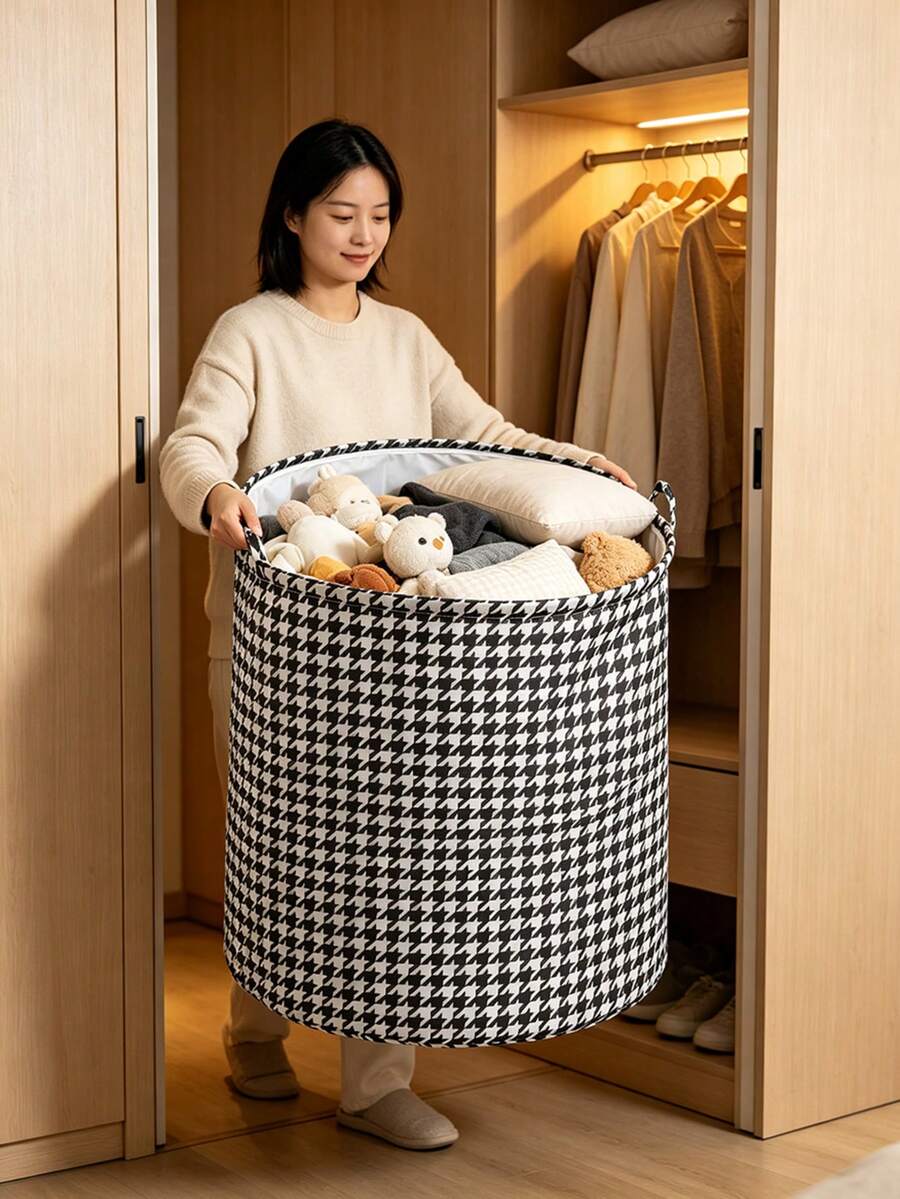 1pc Round Fabric Laundry Basket, Large Capacity Multi-Functional Storage Bin With Sturdy Handles, Classic Houndstooth Print, Suitable For Bedroom, Bathroom, Dorm, Dirty Clothes, Toys, Blankets Organizer, Home Storage Accessory