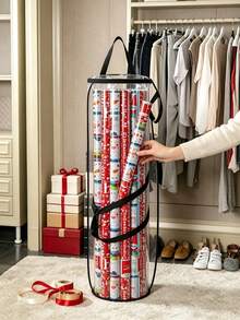 Transparent PVC Wrapping Paper Storage Bag With Handle, Cylindrical Gift Wrapping Paper Organizer Bag, Dust-Proof Transparent Gift Wrapping Paper Roll Storage Box, Holiday Wrapping Roll Home Closet Storage Organizer Bag, Storage Bag Only, Wrapping Paper Not Included - Multicolor - View 2
