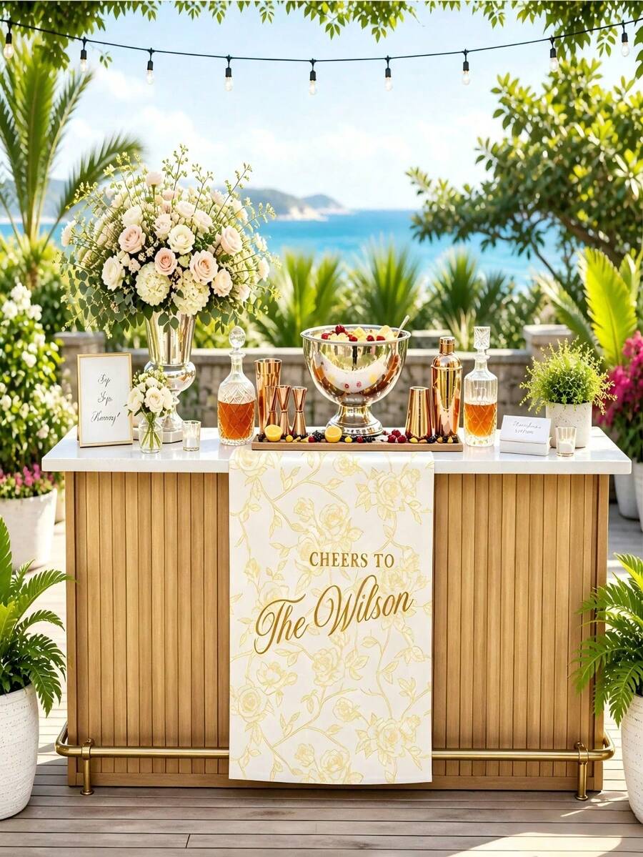 Papan Selamat Datang Pernikahan Bermotif Bunga yang Dipersonalisasi, Taplak Meja Selamat Datang Pernikahan, Nama yang Disesuaikan, Banner Bar Kain, Nama & Tanggal yang Disesuaikan, Hadiah Pernikahan Romantis, Dekorasi Pernikahan - MultiWarna - View 1