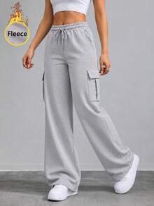 Women's High Waist Thermal Lined Cargo Sweatpants With Drawstring Elastic Waist And Side Pockets Wide Leg Casual Pants - Light Grey - View 6