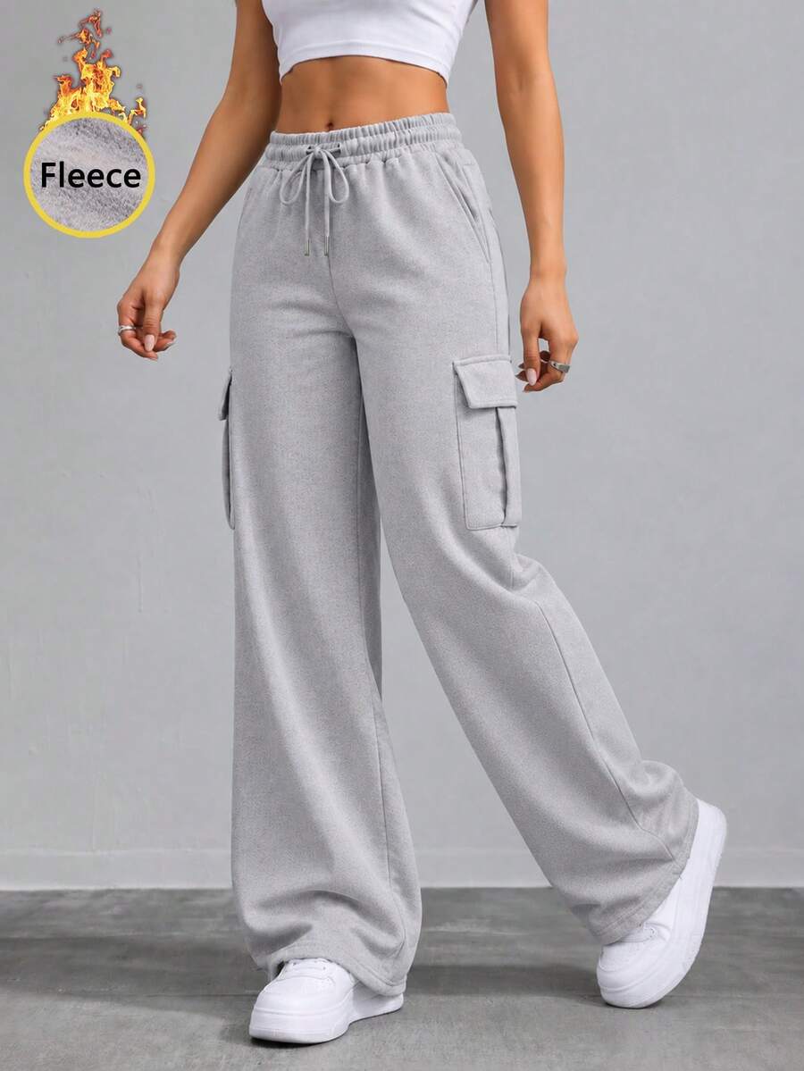 Women Thermal Lined Cargo Sweatpants Wide Leg Drawstring Elastic High Waist Loose Fit Flap Pocket Casual Winter Pants | Women Grey Thermal Lined Cargo Sweatpants Wide Leg Drawstring Elastic High Waist Loose Fit Flap Pocket Casual Long Pants - Light Grey - View 1