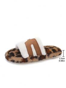 Color Block Plush Slippers Fuzzy Slip-On Flat Bottom Indoor Slip-On Fashion Women Shoes - Leopard - View 7