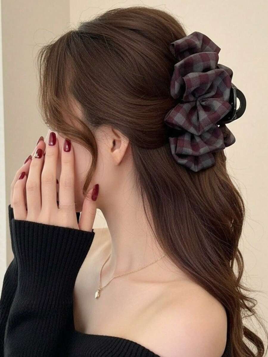 1pc Women's 14cm/5.51in Solid Color Plaid Loose Bow Hair Clip, Elegant Fashion Claw Clip, Suitable For Daily Use - Multicolor - View 1