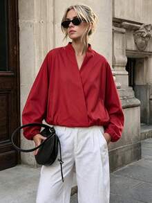 French Style Overlap V-Neck Solid Color Jacket, Slouchy Dropped Shoulder Long Sleeve Loose Fit Casual Commuter Top For Women - Red - View 1