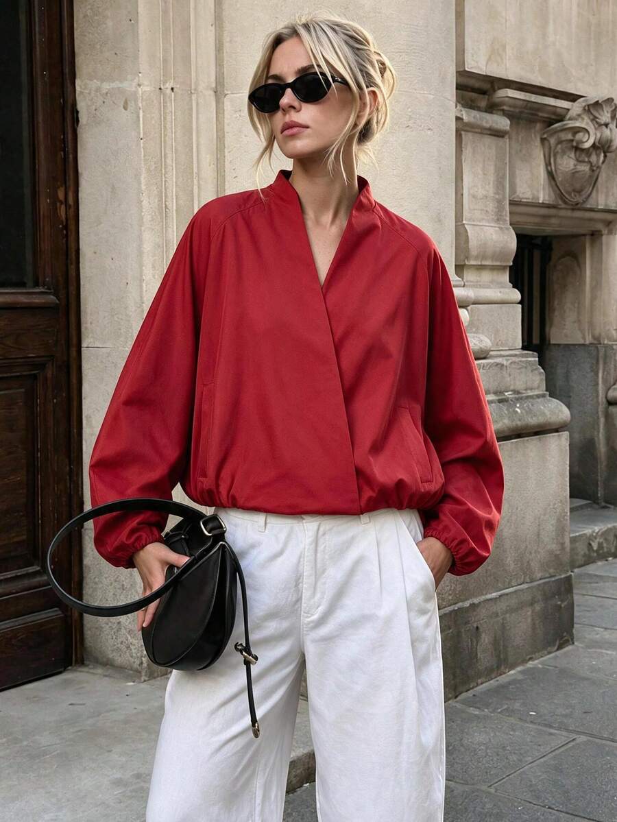 French Style Overlap V-Neck Solid Color Jacket, Slouchy Dropped Shoulder Long Sleeve Loose Fit Casual Commuter Top For Women - Red - View 1