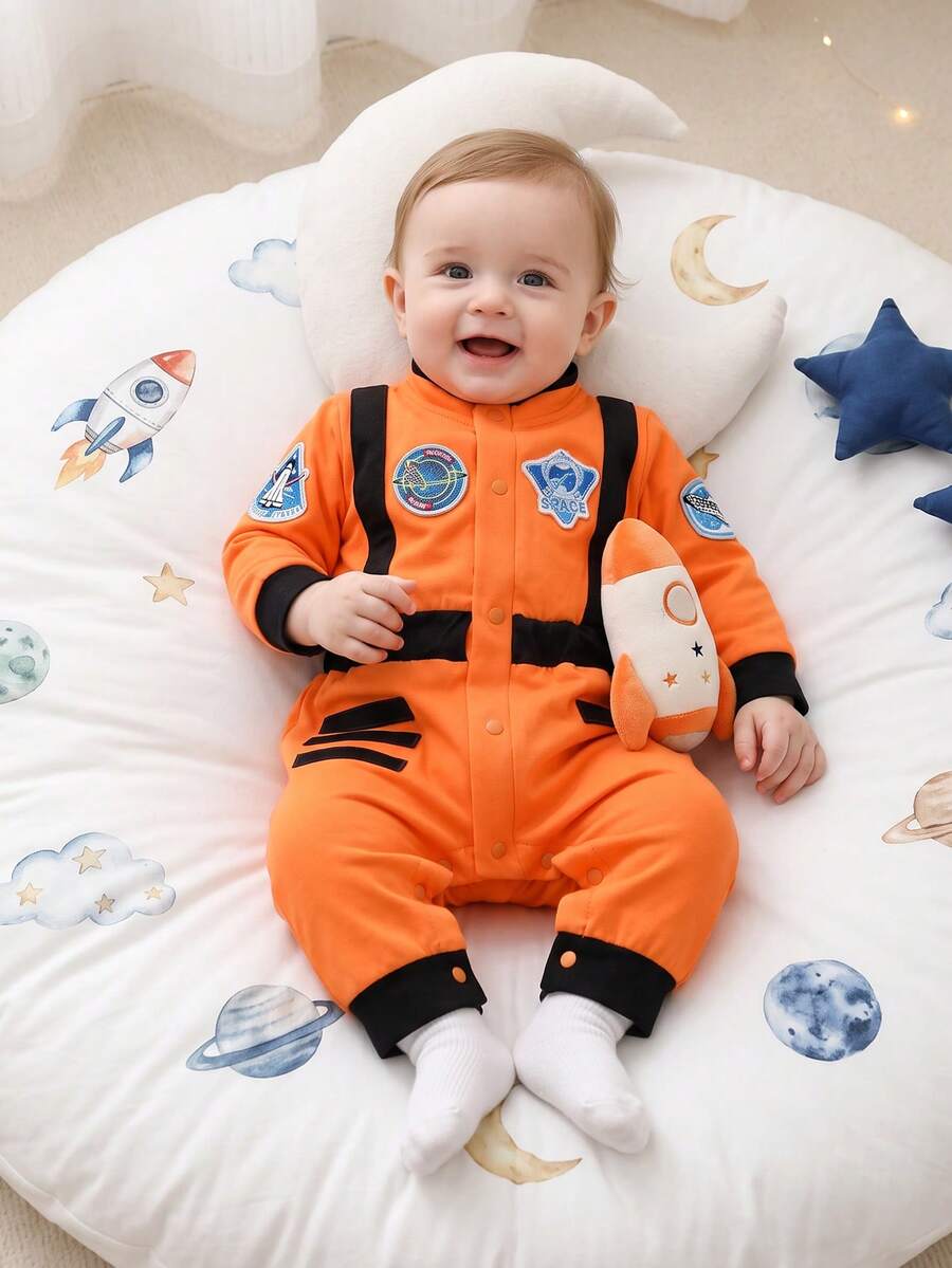 Interstellar Exploration Style Newborn Jumpsuit, Contrast Color Webbing Badge Decor Infant Long Sleeve Jumpsuit - Orange - View 1