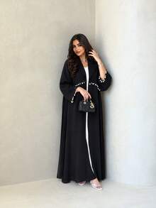 Hafizah عباية كارديجان طويلة سوداء بتصميم رقعات مطوية، رداء فضفاض منسدل مفتوح من الأمام، معطف طويل أنيق متعدد الاستخدامات للنساء للاستخدام اليومي - الأسود - مشاهدة 6