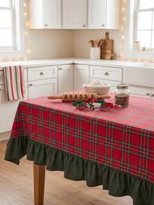 1pc Red & Green Classic Large Plaid Tablecloth, Traditional Country Style, Rectangular Green Leaf Edge With Pleated Details, Stain-Resistant Protective Table Cover, Functional Home Long Tablecloth Suitable For Christmas Family Gatherings And Winter Holiday Kitchen Decor - Red - View 2