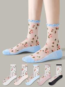 ZUJO 5 Pairs Women's Mesh Transparent Mid-Calf Socks, Floral Small Pattern, Simple Style, Suitable For Spring, Summer, Autumn Daily Wear, Random Color - Multicolor - View 4