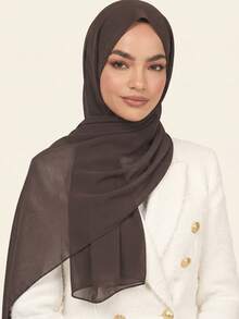 1pc Women's Solid Color Pearl Chiffon Soft Headscarf, Arabic Casual Long Scarf, Conservative Solid Color Headwrap, Suitable For Middle East Daily Use - Latte - View 1