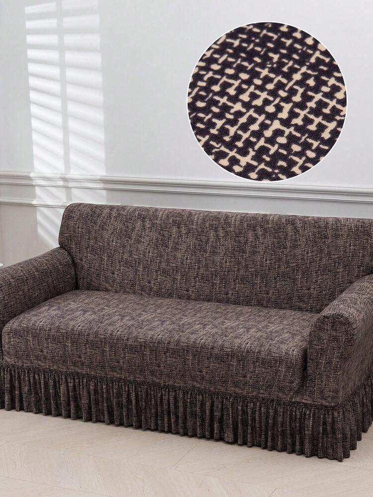 1pc Bohemian Style Printed Ruffled Stretch Sofa Cover, Machine Washable, Protects Sofa, Dust & Dirt Resistant, Suitable For All Seasons - Coffee Brown - View 1