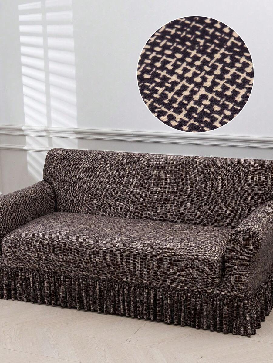1pc Bohemian Style Printed Ruffled Stretch Sofa Cover, Machine Washable, Protects Sofa, Dust & Dirt Resistant, Suitable For All Seasons - Coffee Brown - View 1