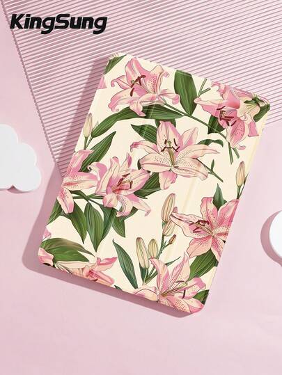Kingsung Capa Protetora para Tablet com Padrão de Flor de Lírio, Compatível com Pad 9.7/10.2/10.5/10.9/12.9/Pro 11, 10.ª Geração, Compatível com Samsung Galaxy Tab S6 Lite 10.4 Polegadas, Compatível com Kindle Paperwhite 12.ª Geração 2024/11.ª Geração 2022, Cor Clara, Proteção Macia Anti-Queda, Suporte Inteligente/Ativação Automática/Repouso