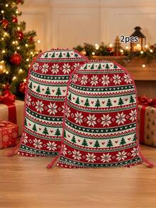 2pcs Red & Green Snowflake Christmas Tree Print Gift Wrapping Bags, Nordic Style Fabric Rectangular Drawstring Gift Sacks With Knit-Look Pattern For Christmas Presents, Party Favors & Holiday Decor - Multicolor - View 12